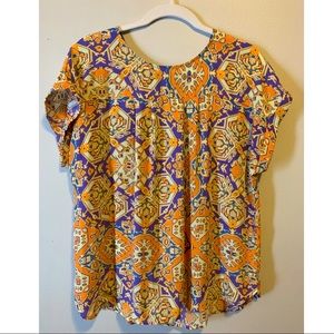 🍄 Patterned W5 Top Blouse Funky Print Size Large Purple Orange Flowy Babydoll